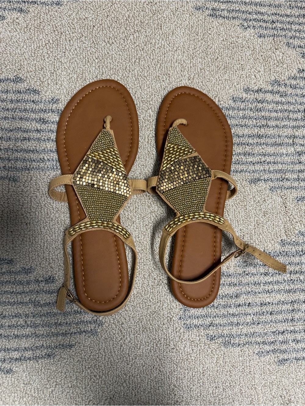 Women’s Gold Beaded Leather-Tone T-Strap Sandals